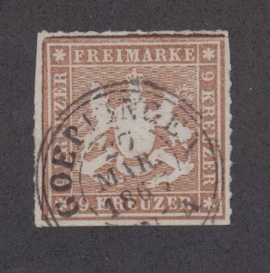 Wurttemberg Sc 45 used 1865 9kr bistre brown Coat of Arms, VF appearing