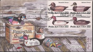 Fran Paslay Hand Painted FDC for the 1985 Duck Decoys issue (Block of 4)