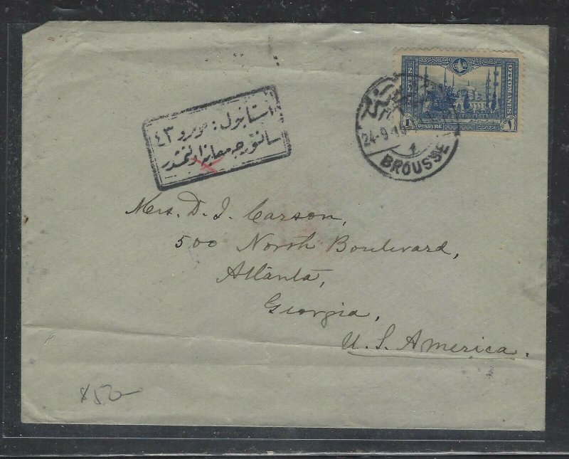 TURKEY COVER (PP0605B) 1915 1 STAMP COVER BROUSSE TO USA, SEAL ON BACK