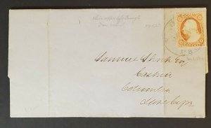 1855 Scott #15A Stamp Green Cancel Vintage Folded Letter Cover