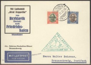 Germany 1931 Iceland Graf Zeppelin 1Kr 30Aur Sieger 114B Cover 103067