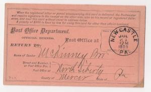 1888 Registry Card N Liberty 2 New Castle PA Jul 21 1888 pmk