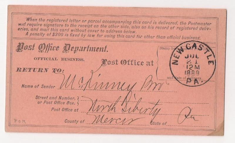 1888 Registry Card N Liberty 2 New Castle PA Jul 21 1888 pmk