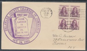 US Planty 724-7 FDC. 1932 3c William Penn Block, FIRST CACHET Wm. L. Gibson 