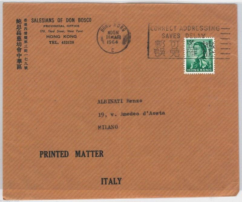 HONG KONG --  POSTAL HISTORY:  COVER to ITALY 1964 -- Printed Matter