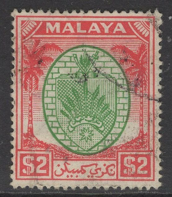MALAYA NEGRI SEMBILAN SG61 1949 $2 GREEN & SCARLET FINE USED