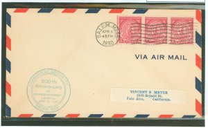 US 682 1930 2c Massachusetts Bay Colony (strip of three) on an addressed (label) first day cover with a Salem, MA cancel and a S