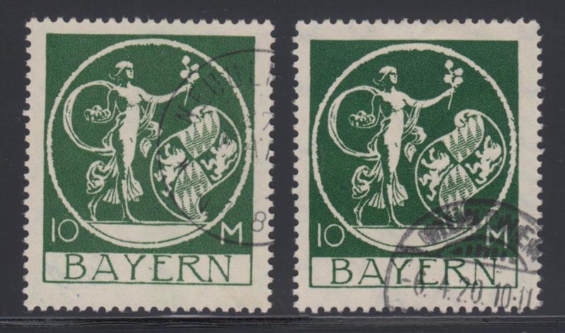 Bavaria Sc 253 used 1920 10m light green & dark green Genius, 2 diff VF