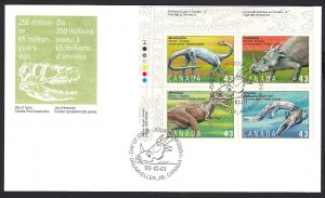 Canada 1993 #1498a = Oficial FDC UL BL of 4 (V1), Dinosaurs, PREHISTORIC LIFE-3