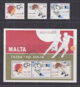 MALTA, 1986  Football World Cup, Mexico set of 3 & Souvenir Sheet, used.