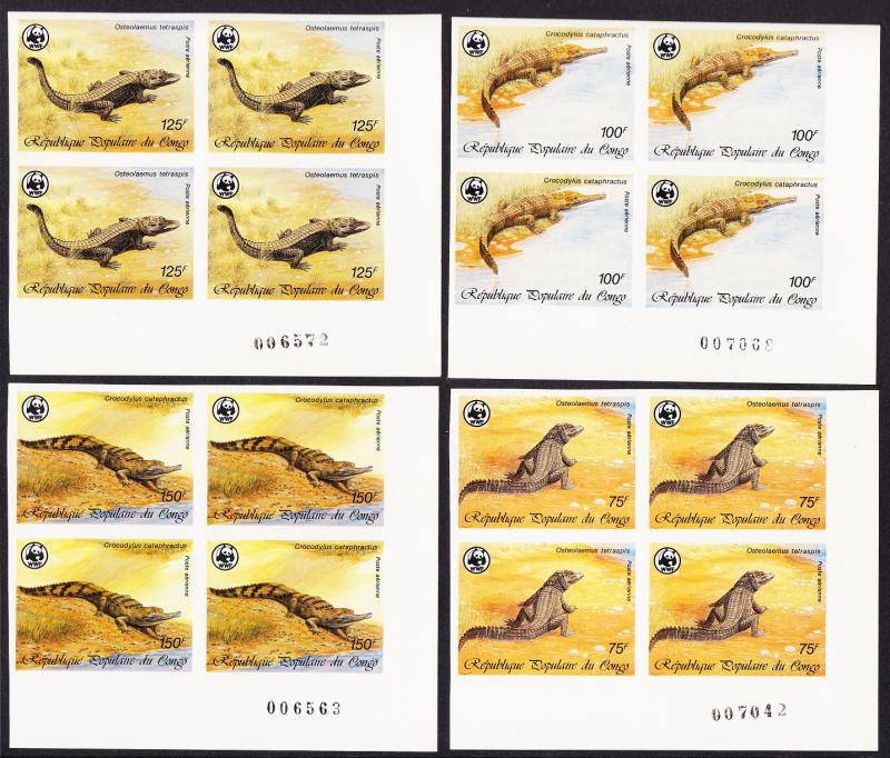 Congo WWF Crocodiles 4v imperf Corner Blocks with margins 1987 MNH