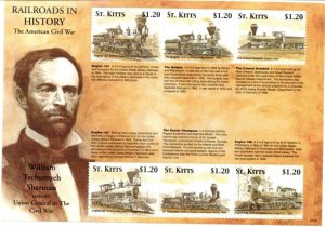 Saint Kitts 2001 - Trains, Civil War - Sheet Of 6 Stamps - Scott #476 - MNH