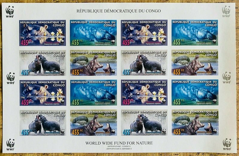  WWF Hippopotamus MNH block 16 stamps/ Timbres WWF Hippopotame Imperf.