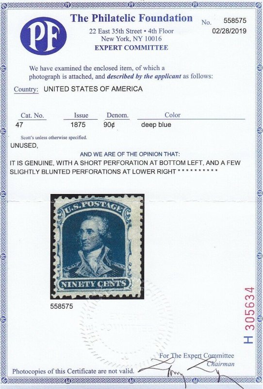 47 VF unused ( no gum as issued ) PF cert. with nice color cv $ 3500 ! see pic !