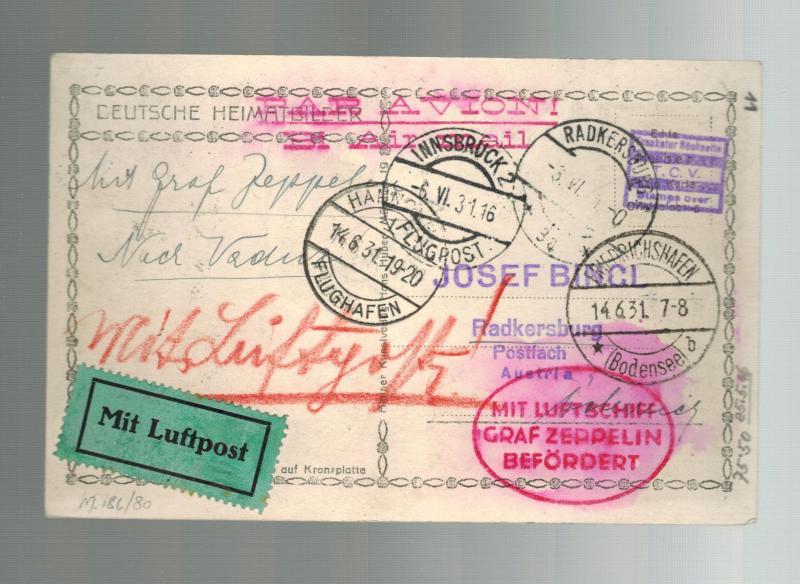 1931 Innsbruck Austria Graf Zeppelin postcard cover Hannover Flight