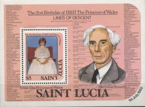 Saint Lucia 594 (mnh s/s) $5 Princess Diana, Bertrand Russell (1982)