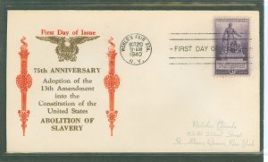 US 902 1940 3c Thirteenth amendment/75th anniversary (single) on an addressed (handstamp) first day cancel with an unknown cache