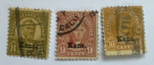 US 1929 Kans. overprints 8c Grant, 9c Jefferson, 10c Monroe USED #666-8
