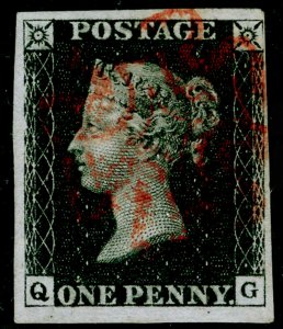 GB 1840 SG2, 1d black, FINE USED. Cat £400. RED MX. QG 