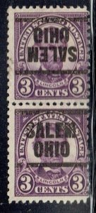 1922 3c Lincoln Precancel ERROR f/SALEM OH(555-203) tête-bêche pair