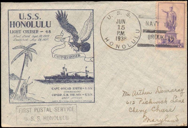 1938 USS HONOLULU NAVY YARD BROOKLYN + CACHET + FIRST DAY