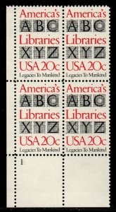 1982 America's Libraries Plate Block of 4 20c Postage Stamps, Sc# 2015, MNH, OG