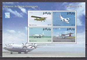 Maldives, Scott cat. 2985 a-d. Chinese Aviation Centenary sheet.