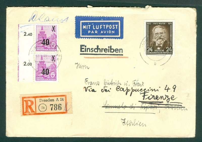 Germany. DDR 1955 Cover Airmail. REG 786. Dresden. Redir.Italy. Sc# 2 x 221 +212