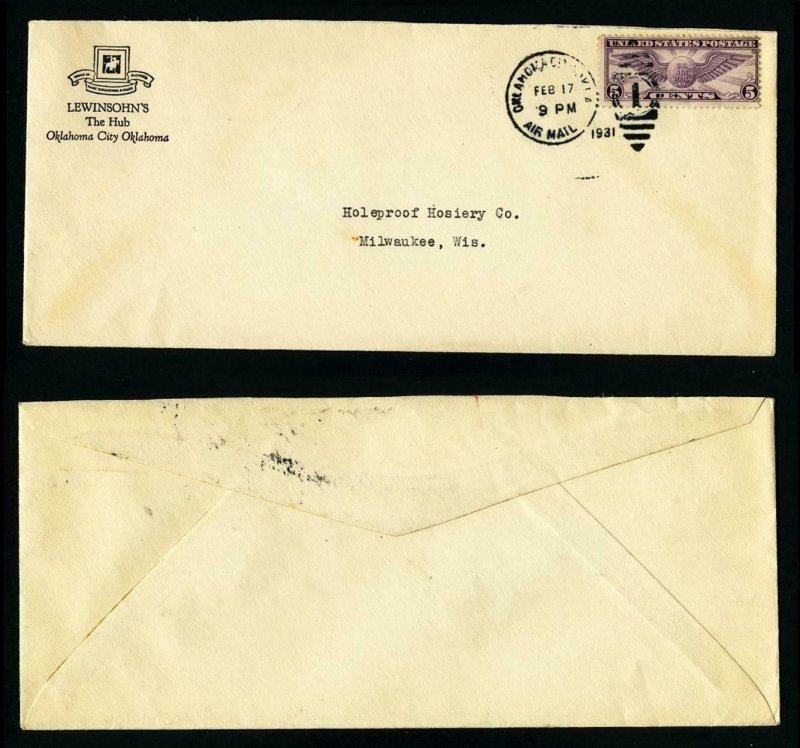 Air Mail Cover Lewinsohn's, Oklahoma City, OK to Milwaukee, WI dated 2-17-1931