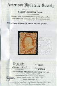 Scott #38 Franklin  Unused Stamp with APS Cert (Stock #38-1ap)