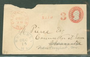 US  Stamped envelope originally postmarked Beverly, MA Dec 15 to Gloucester MA, readdressed to Newburg Port; dated Gloucester De