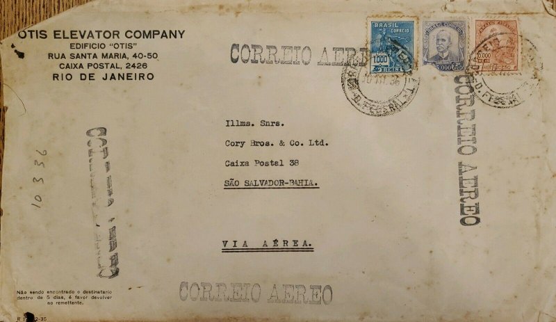 A) 1936, BRAZIL, AIRMAIL, FROM RIO OF JANEIRO TO SAO SALVADOR 