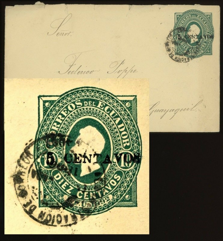 Ecuador 1893, 5c on 10c. Stationery Envelope Cover