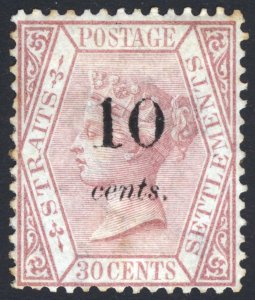 Malaya Straits Settlements 1880 10c on 30c Claret Scott 26 MH Cat £600