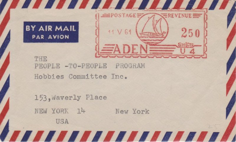 Aden 2/50 Meter 1961 Aden Airmail to New York, N.Y. Some edge wear at top right.