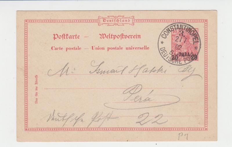 GERMAN OFFICES TURKEY 1902 20pa CARD TO PERA (SEE BELOW)