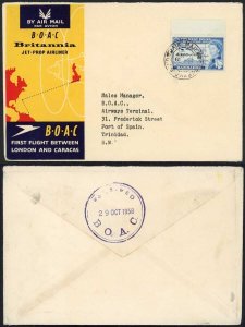 Barbados 1958 BOAC first flight to Caracas Venezuela cover to Trinidad