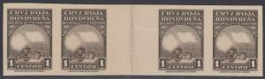 HONDURAS 1945 RED CROSS Sc RA3 IMPERF GUTTER STRIPx4 SEPIA PROOF ON CARD VF RARE 