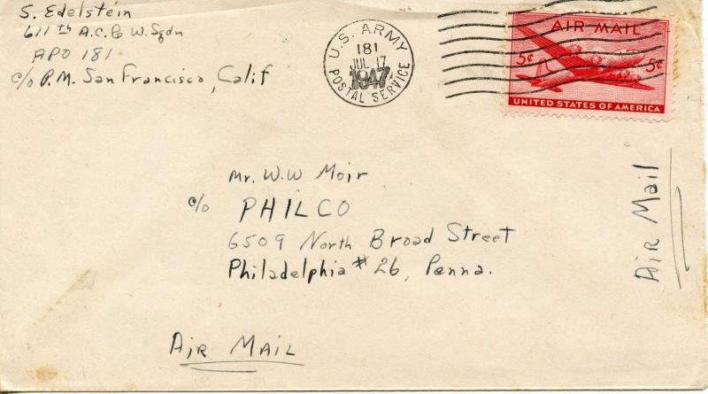 US Scott C32 on 1947 Cover from APO 181 Tokyo, Japan