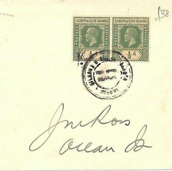 GILBERT & ELLICE ISLANDS Postmark *Vaitupu*1d Rate Cover Ocean Island 1938 GJ182