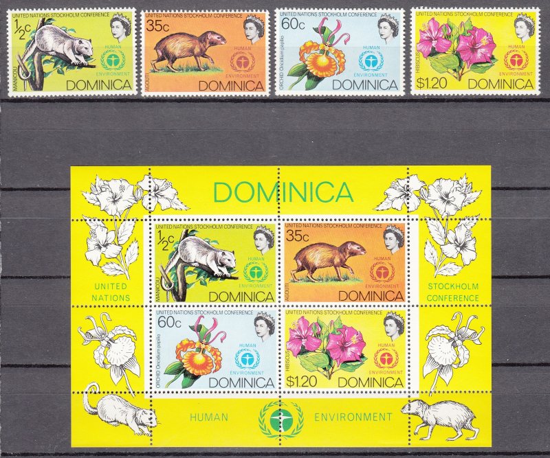 Z2388 1972 domonica set + s/s mnh #337-40a wildlife