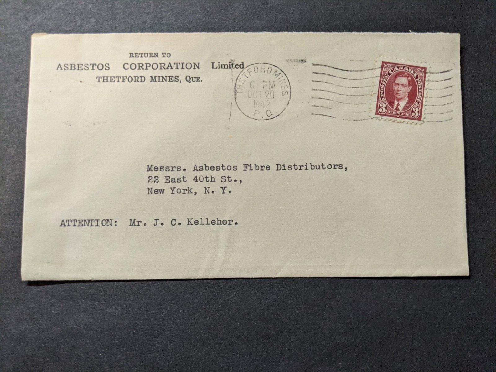 ASBESTOS Corp, THETFORD MINES, QUEBEC, CANADA 1942 WWII Postal History Cover United States