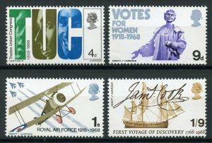 GB 1968 MNH Anniversaries TUC RAF James Cook Pankhurst 4v Set Stamps