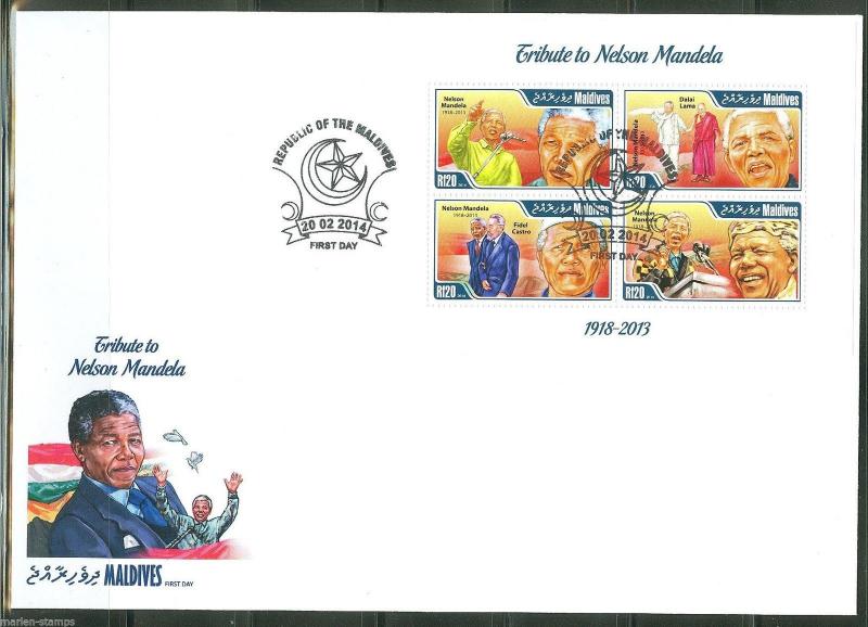 MALDIVE  ISLANDS 2014 MEMORIAL TRIBUTE TO NELSON MANDELA  CASTRO SHEET FDC