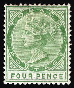 Tobago 1880 4d Yellow Green Watermark Crown CC Scott 10 SG 10 MLH Cat $325
