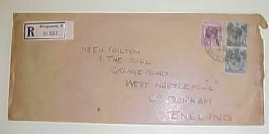 SINGAPORE REGISTERED COVER STRAITS SETTLEMENTS TO ENGLAND 2 B/S