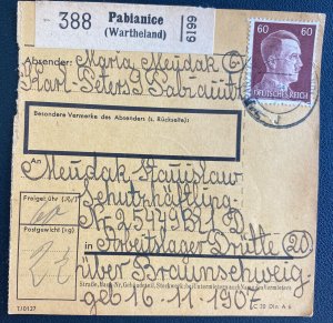 1944 Pabianice Poland Parcel Cover to Drutte Neuengamme Concentration Camp KZ