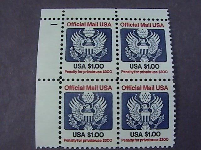 U.S.# O132-MINT/NH-U L PLATE # BLOCK OF 4--$1.00 OFFICIAL--P#1--1983-85