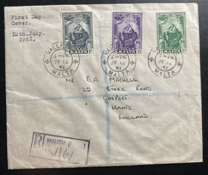 1951 Valletta Malta First Day cover FDC To Gosport England Scapular Centenary 