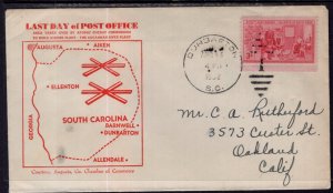 US Last Day of Post Office Dunbarton,SC 1952 Cover